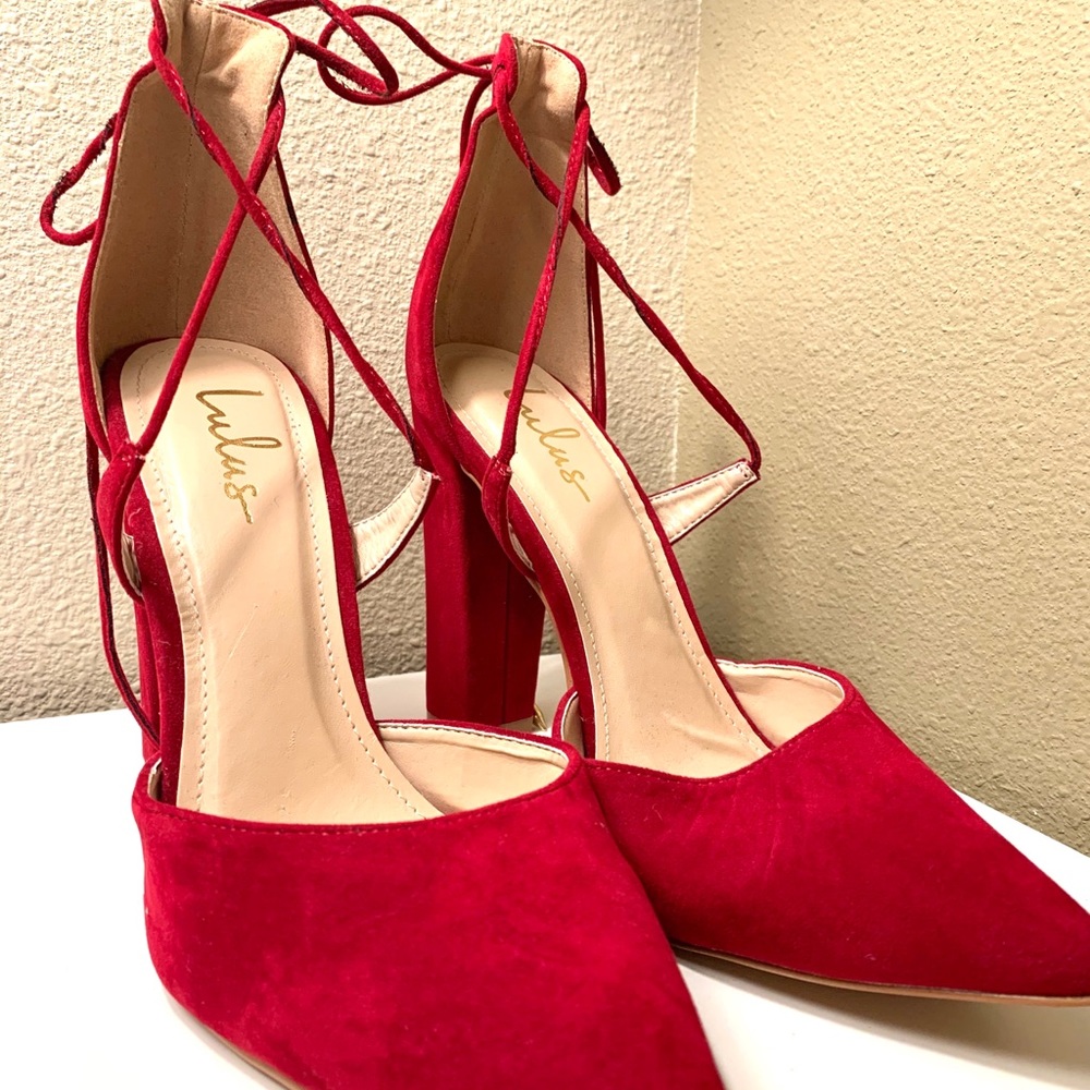 Luna Wine Suede Lace-Up 4.5” Block Heels.